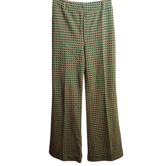 26x32 Vintage Women's Bellbottom Pants 1970's Wide-Leg Checkered Green Hippie - Picture 1 of 7
